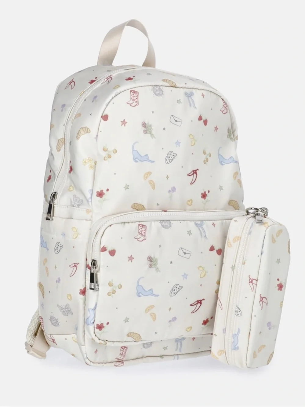 Girls' School Backpack with Icons Pattern and Detachable Pouch Off White W